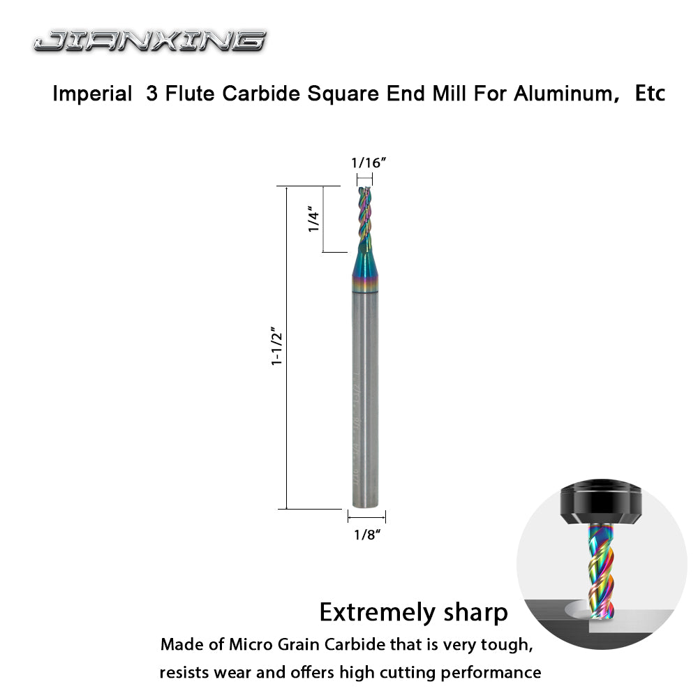 Carbide Square Nose End Mill for Aluminum, Copper Alloy, Plastic, 3 Flute HRC 55 Deg DLC Coating-Imperial