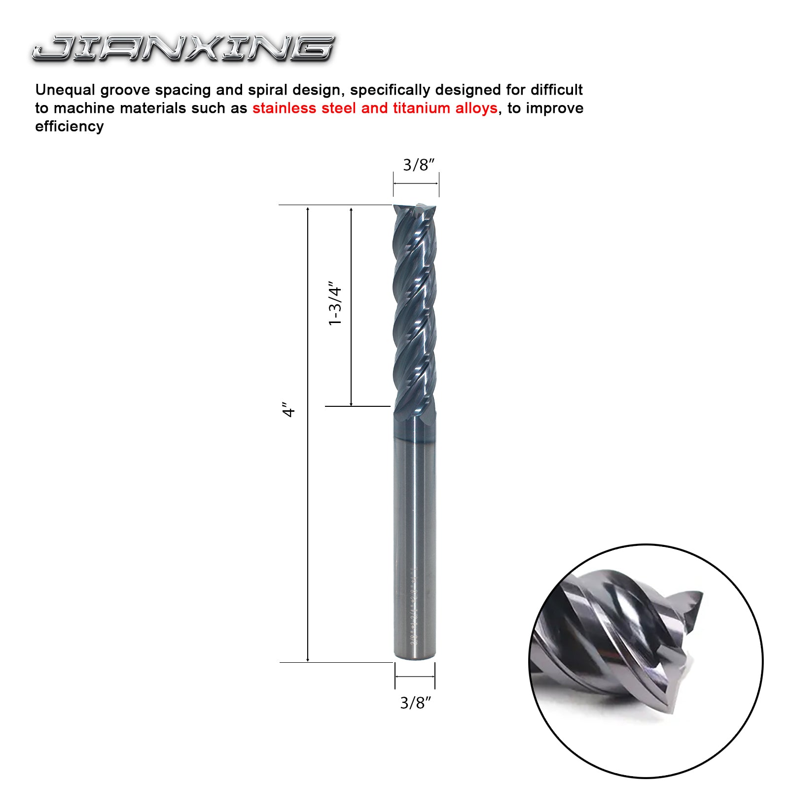 Carbide Square Nose End Mill for Stainless Steel & Titanium Alloy (TC4/TC7), AP Coating, Variable Helix-Imperial