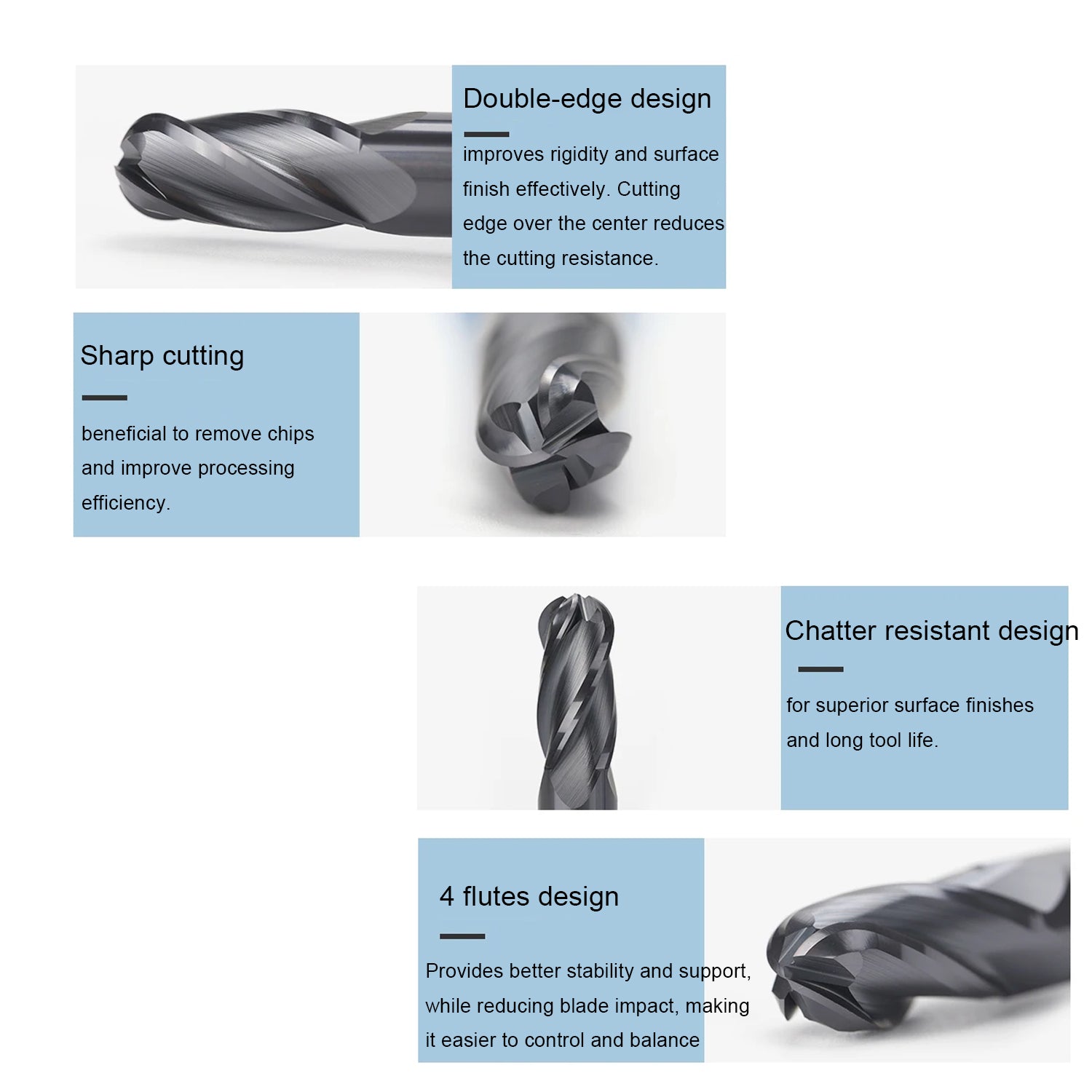 Carbide Ball Nose End Mill for Alloy Steels/Hardened Steels, 4 Flute HRC 55 Deg AlTiN Coating-Imperial