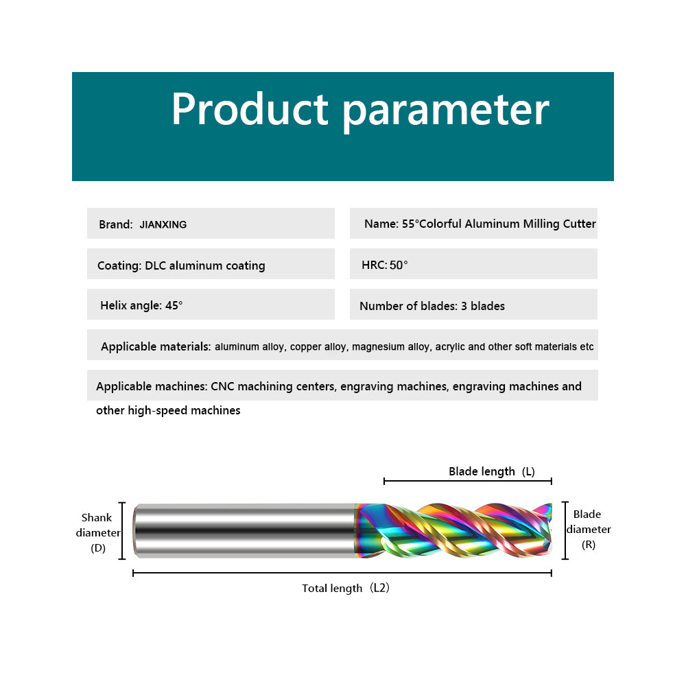 Carbide Square Nose End Mill for Aluminum, Copper Alloy, Plastic, 3 Flute HRC 55 Deg DLC Coating-Imperial