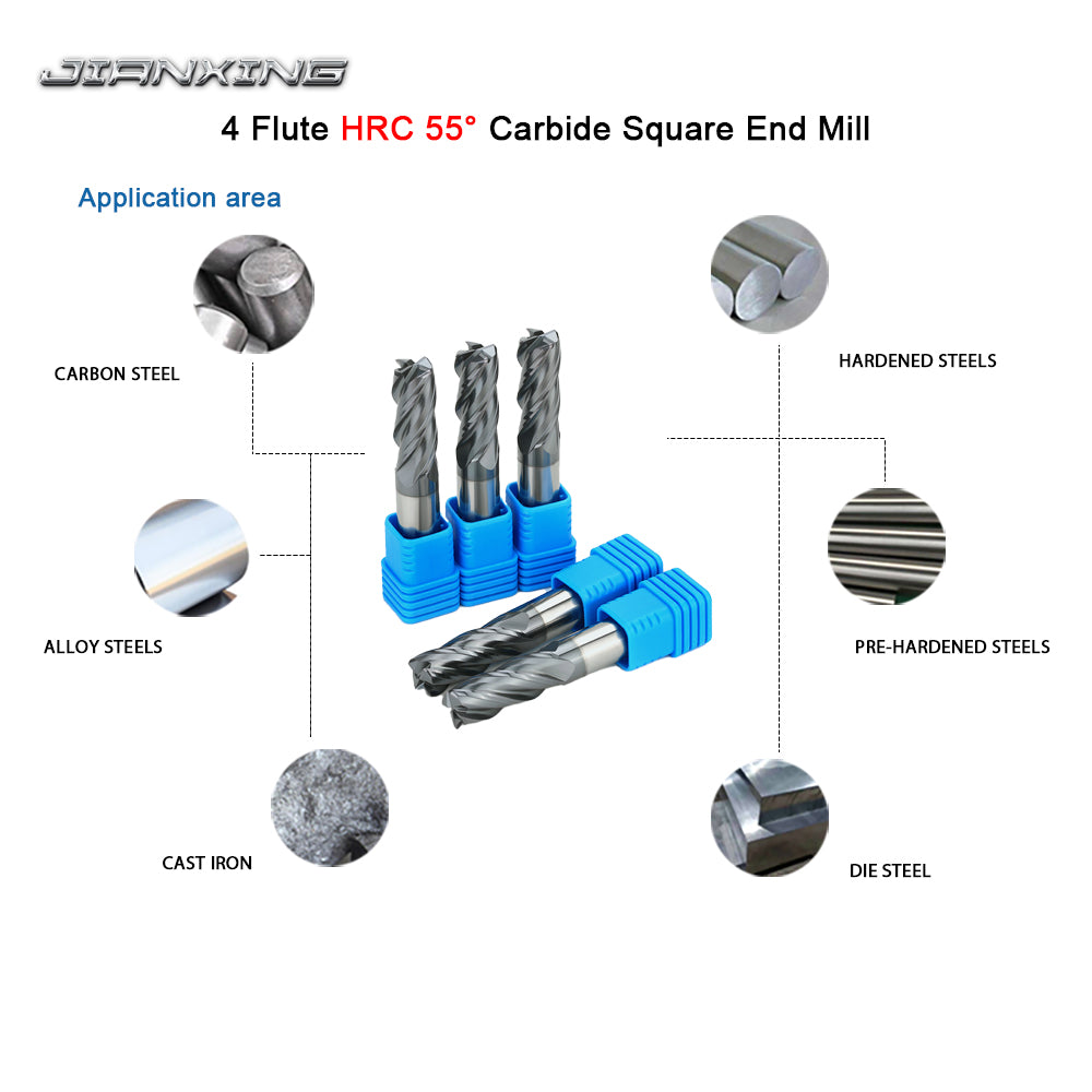 Carbide Square Nose End Mill for Alloy Steels/Hardened Steels, 4 Flute HRC 55 Deg AlTiN Coating-Imperial