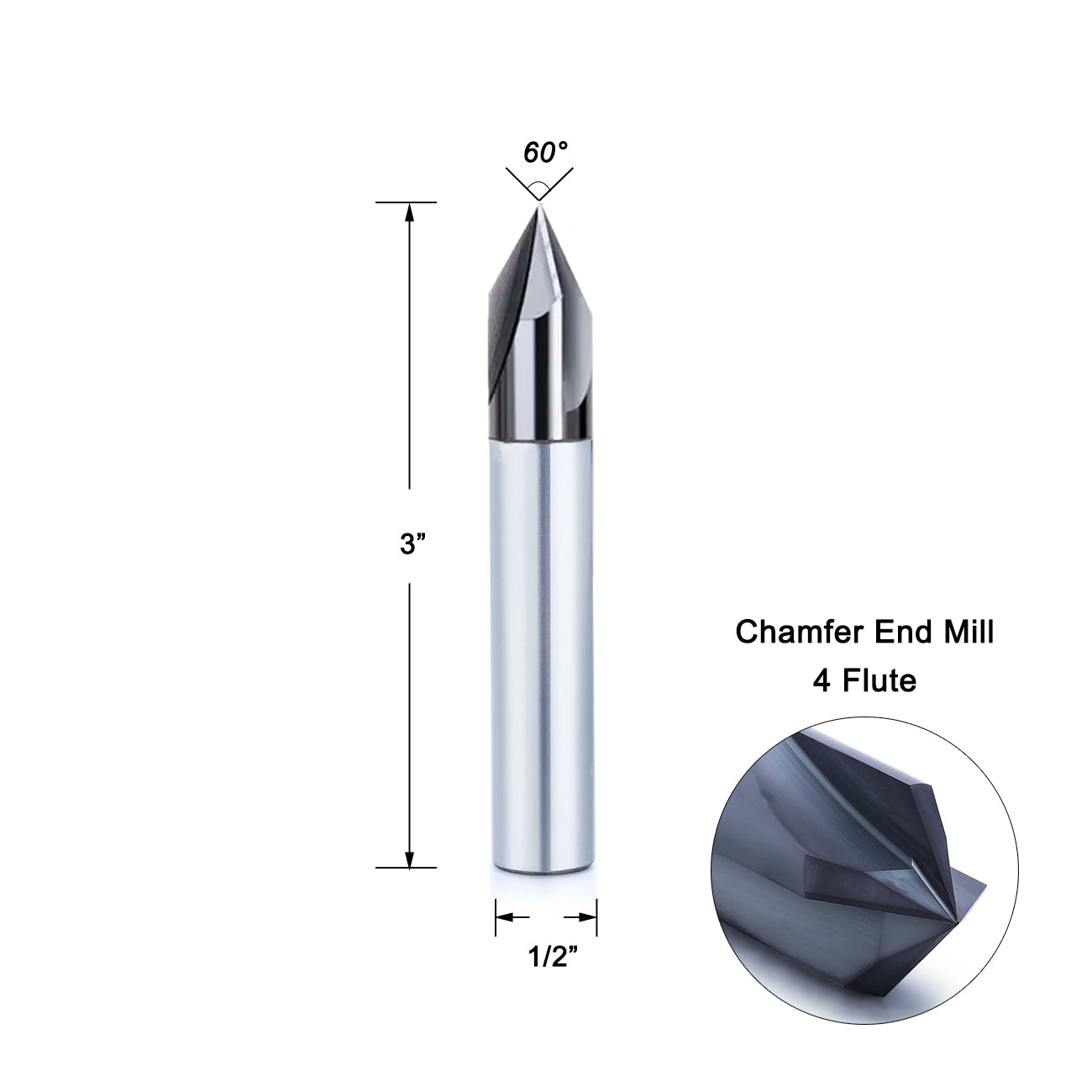 Carbide Chamfer End Mill, 60/90 Degree, Carving Bits, V Groove, 4 Flute AlTiN Coating for Alloy Steels, Hardened Steels-Imperial