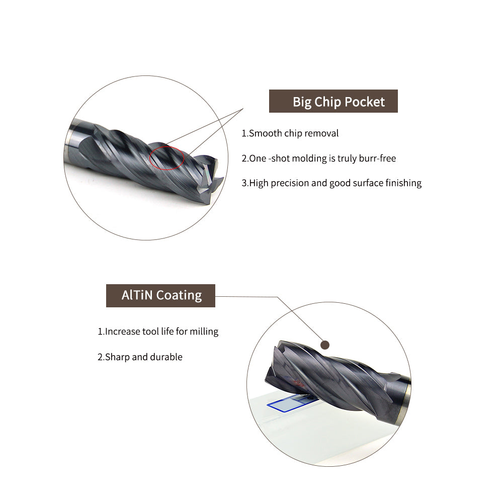 Carbide Square Nose End Mill for Alloy Steels/Hardened Steels, 4 Flute HRC 55 Deg AlTiN Coating-Imperial