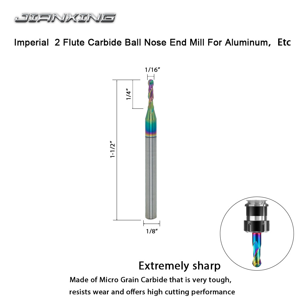 Carbide Ball Nose End Mill for Aluminum, Copper Alloy, Plastic, 2 Flute DLC Coating-Imperial