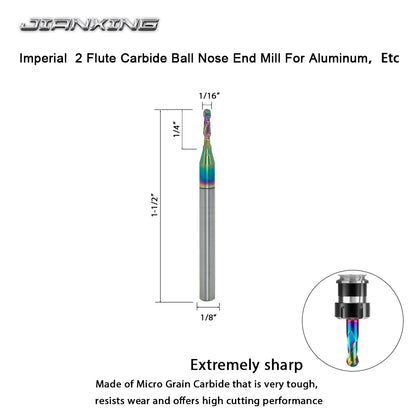 Carbide Ball Nose End Mill for Aluminum, Copper Alloy, Plastic, 2 Flute DLC Coating-Imperial