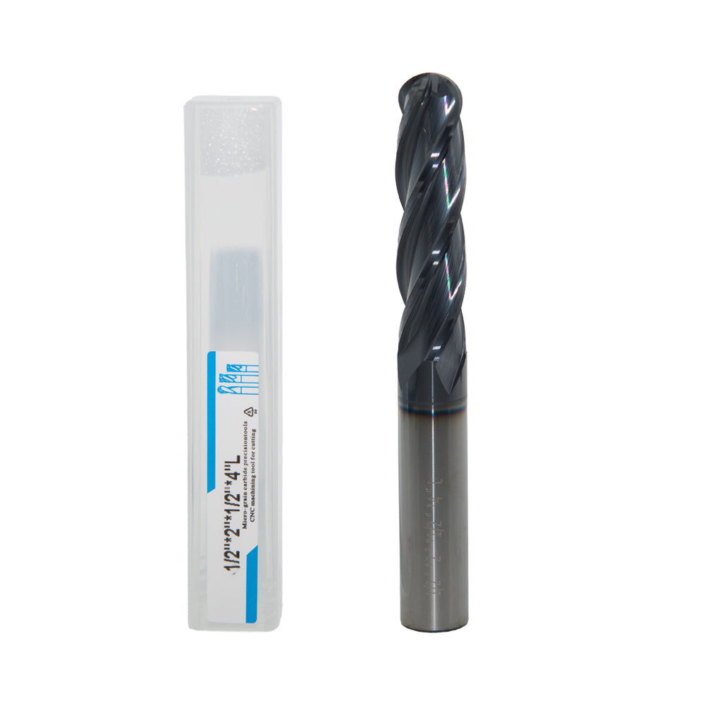 Carbide Ball Nose End Mill for Alloy Steels/Hardened Steels, 4 Flute HRC 55 Deg AlTiN Coating-Imperial
