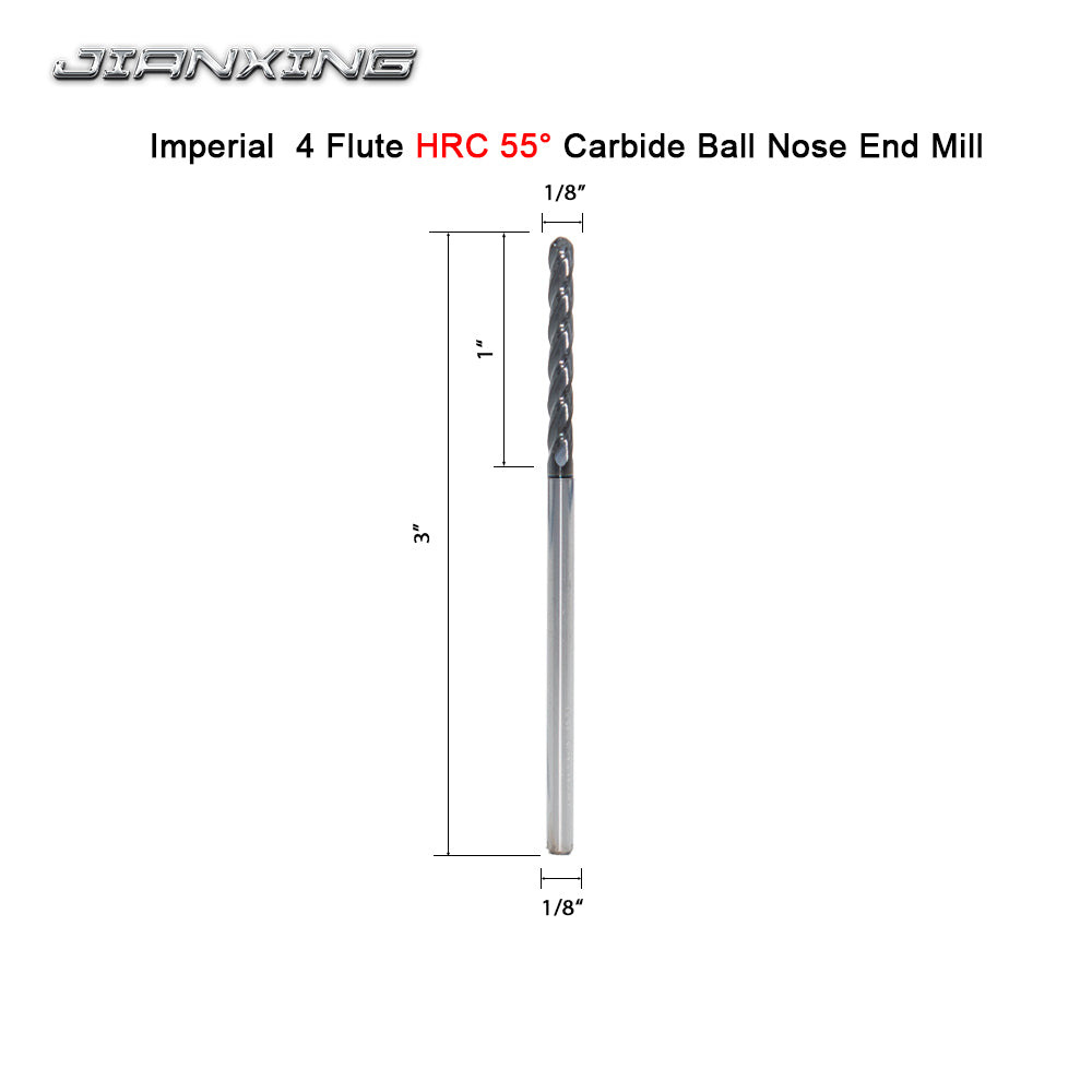 Carbide Ball Nose End Mill for Alloy Steels/Hardened Steels, 4 Flute HRC 55 Deg AlTiN Coating-Imperial