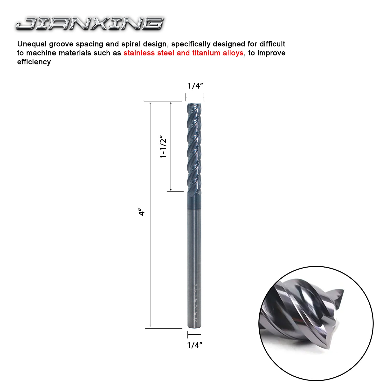 Carbide Square Nose End Mill for Stainless Steel & Titanium Alloy (TC4/TC7), AP Coating, Variable Helix-Imperial
