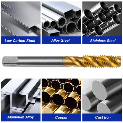 Professional M35 HSS-E Spiral Flute Tap Set, OH Limit, TiN Coated for Stainless Steel, Aluminum & Copper